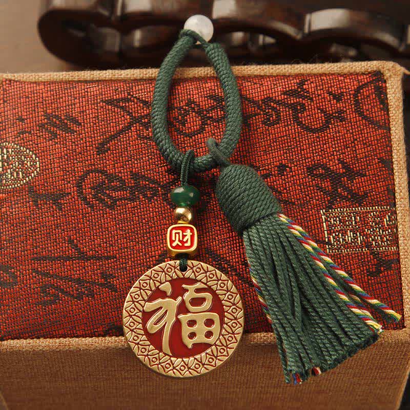 Buddha Stones Portachiavi con nappa in ottone intrecciata a mano con cordino rosso e simbolo di benedizione Fu. - Targhetta Fu con nappa verde - image 10