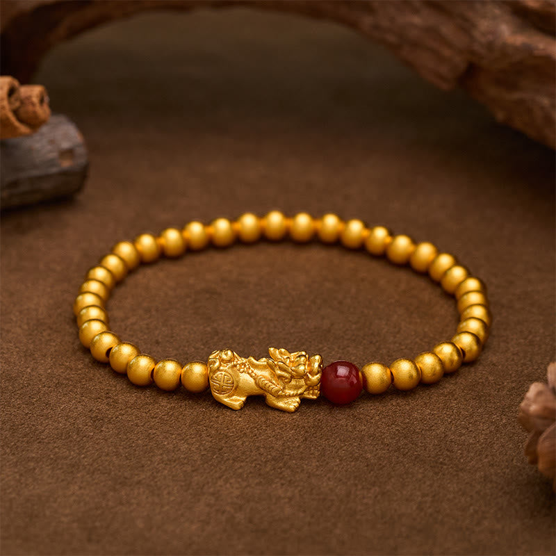 Buddha Stones Bracciale rotondo con perline Pi Xiu in rame placcato oro e agata rossa, simbolo di ricchezza. - PiXiu (Ricchezza ♥ Fortuna) - image 0