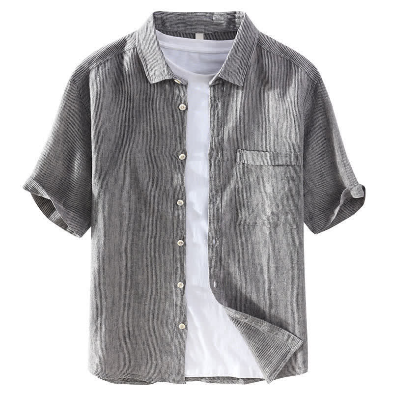 Buddha Stones Camicia da uomo estiva casual a maniche corte in lino a righe tinta unita con taschino applicato. - image 9