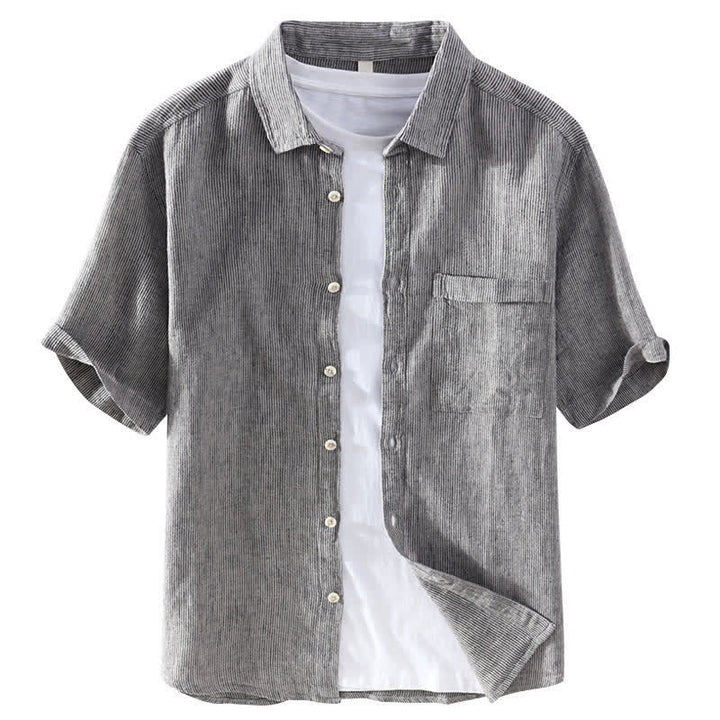 Buddha Stones Camicia da uomo estiva casual a maniche corte in lino a righe tinta unita con taschino applicato. - image 9