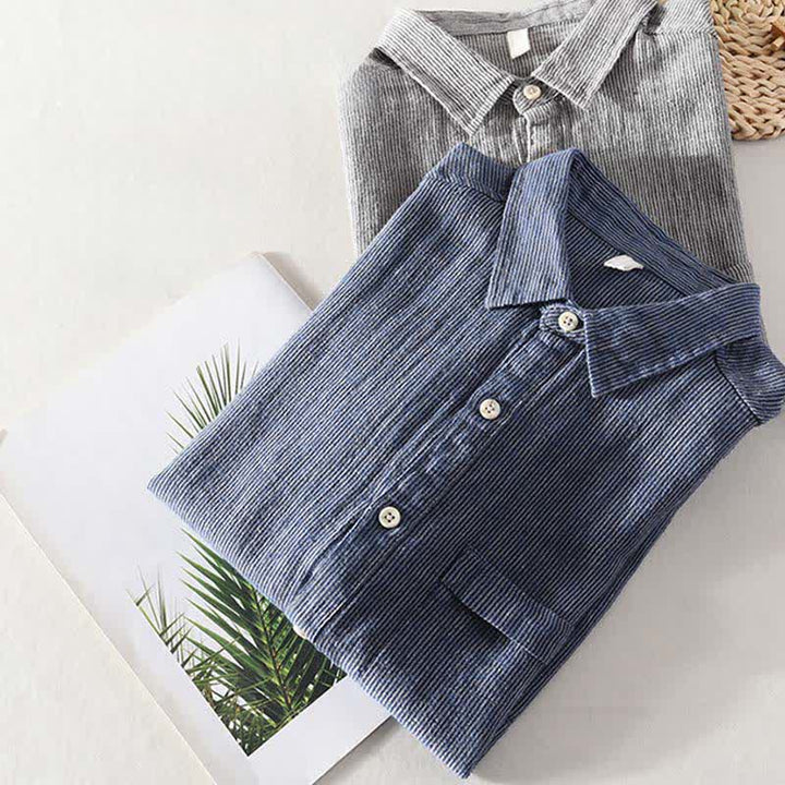 Buddha Stones Camicia da uomo estiva casual a maniche corte in lino a righe tinta unita con taschino applicato. - image 18