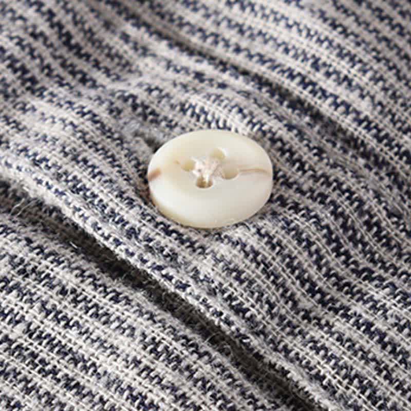 Buddha Stones Camicia da uomo estiva casual a maniche corte in lino a righe tinta unita con taschino applicato. - image 15