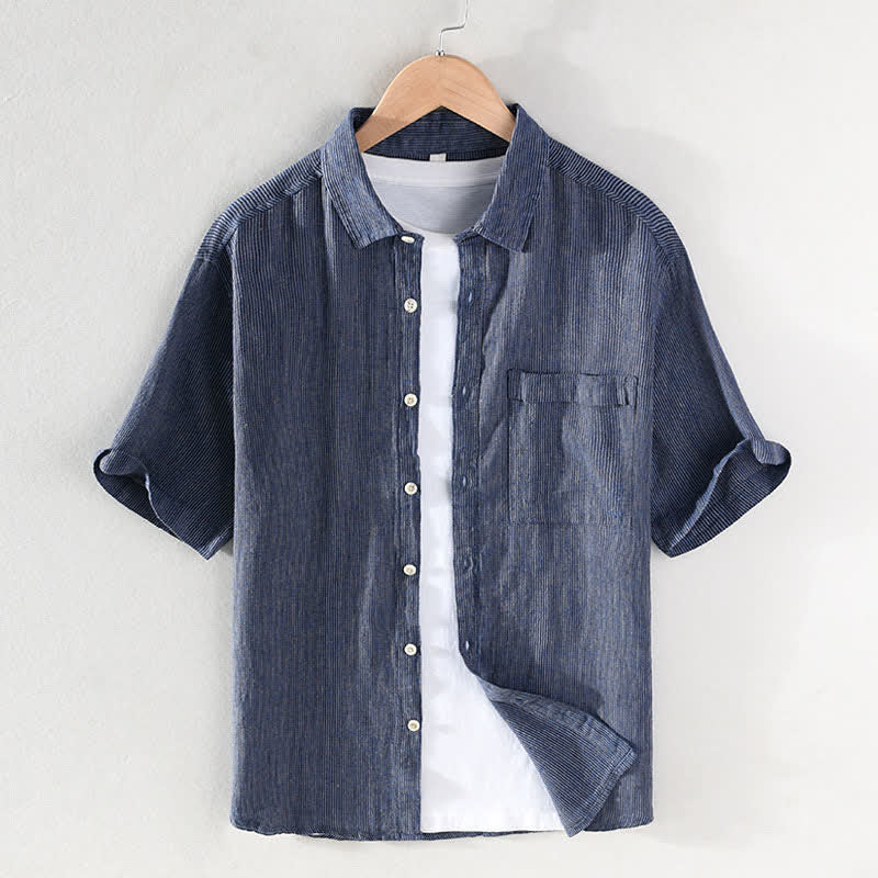 Buddha Stones Camicia da uomo estiva casual a maniche corte in lino a righe tinta unita con taschino applicato. - SteelBlue - US/UK/AU42, EU52 (3XL) - image 0