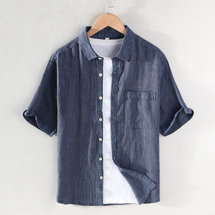 Buddha Stones Camicia da uomo estiva casual a maniche corte in lino a righe tinta unita con taschino applicato. - SteelBlue - US/UK/AU42, EU52 (3XL) - image 0
