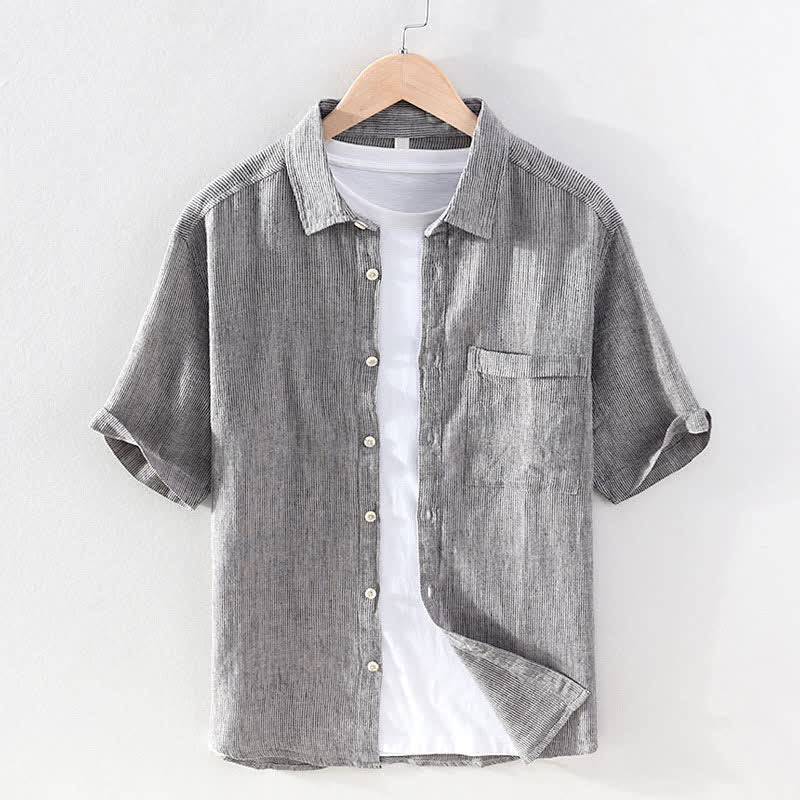 Buddha Stones Camicia da uomo estiva casual a maniche corte in lino a righe tinta unita con taschino applicato. - Grigio chiaro - US/UK/AU42, EU52 (3XL) - image 7