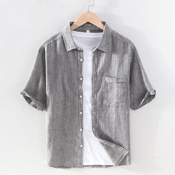Buddha Stones Camicia da uomo estiva casual a maniche corte in lino a righe tinta unita con taschino applicato. - Grigio chiaro - US/UK/AU42, EU52 (3XL) - image 7