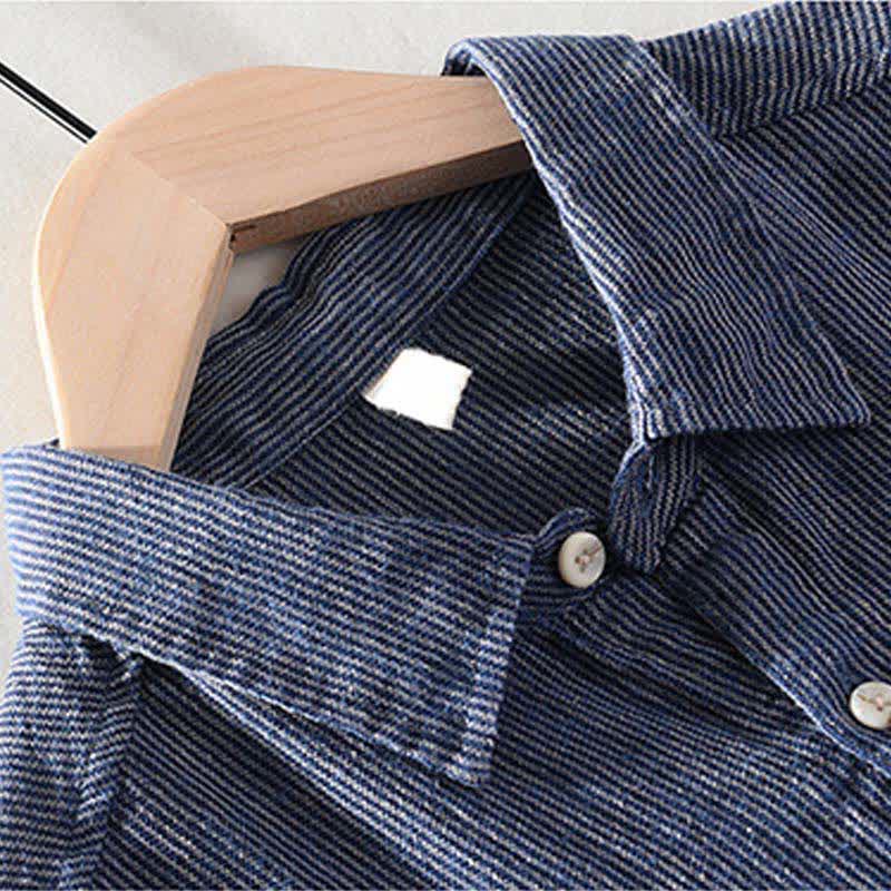 Buddha Stones Camicia da uomo estiva casual a maniche corte in lino a righe tinta unita con taschino applicato. - image 1