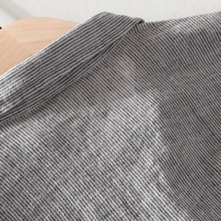 Buddha Stones Camicia da uomo estiva casual a maniche corte in lino a righe tinta unita con taschino applicato. - image 11