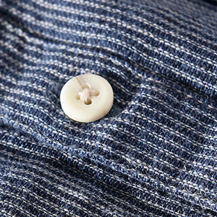 Buddha Stones Camicia da uomo estiva casual a maniche corte in lino a righe tinta unita con taschino applicato. - image 4