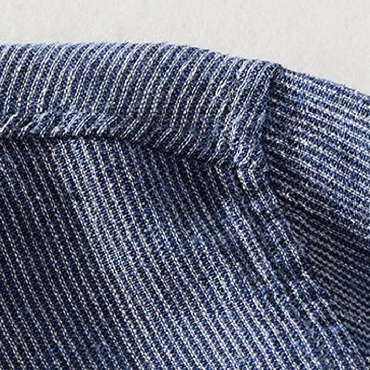 Buddha Stones Camicia da uomo estiva casual a maniche corte in lino a righe tinta unita con taschino applicato. - image 3