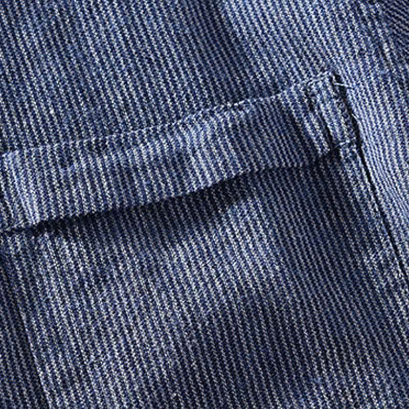 Buddha Stones Camicia da uomo estiva casual a maniche corte in lino a righe tinta unita con taschino applicato. - image 2