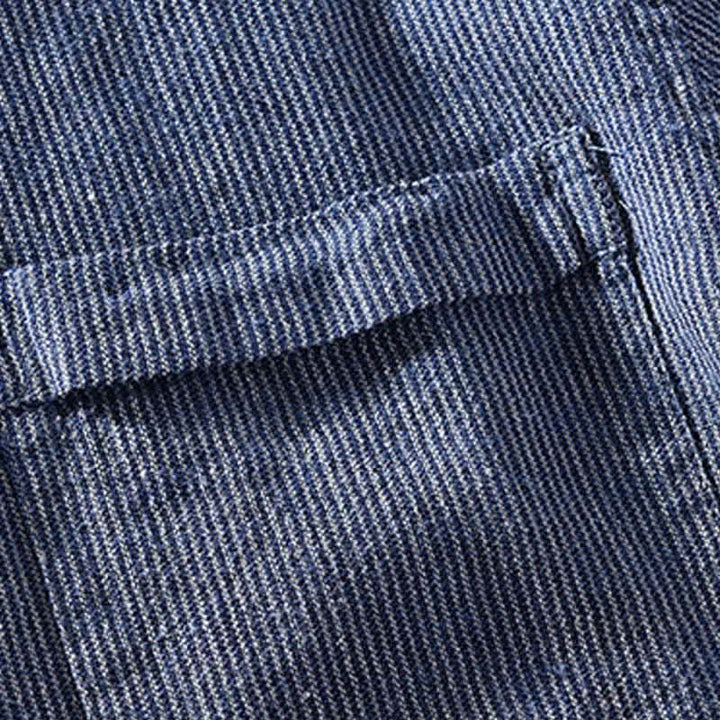 Buddha Stones Camicia da uomo estiva casual a maniche corte in lino a righe tinta unita con taschino applicato. - image 2