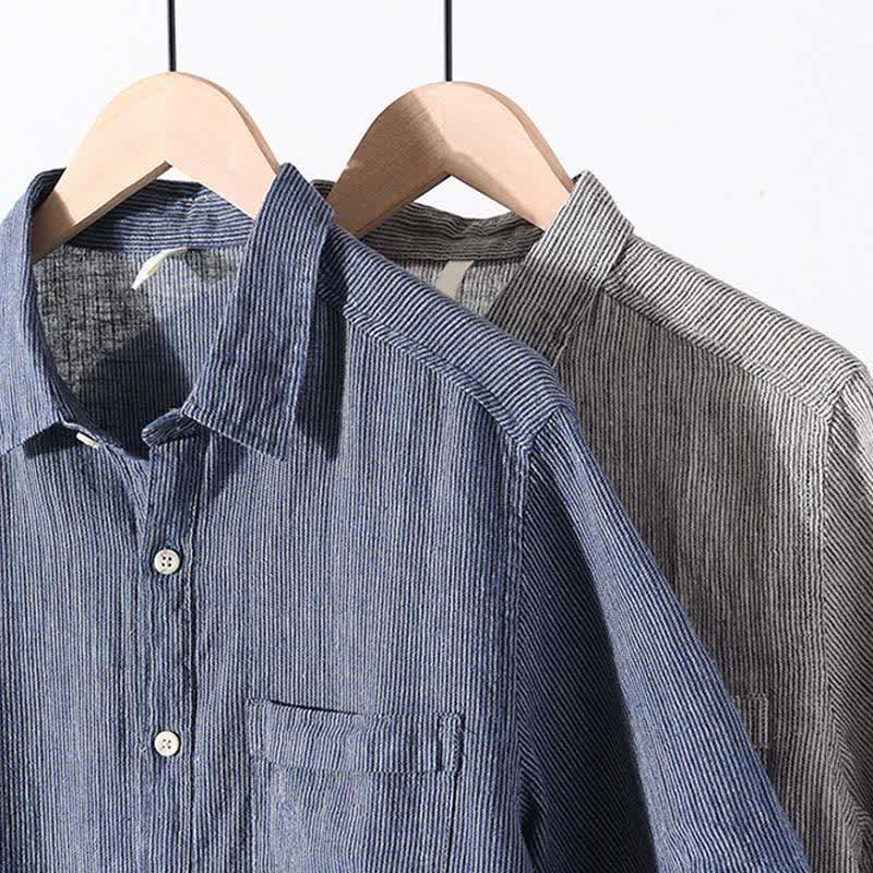 Buddha Stones Camicia da uomo estiva casual a maniche corte in lino a righe tinta unita con taschino applicato. - image 21