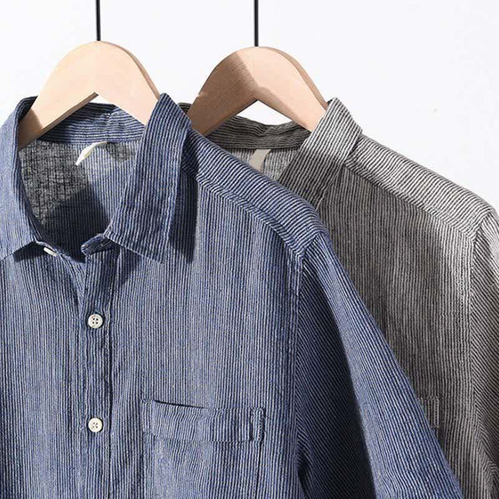 Buddha Stones Camicia da uomo estiva casual a maniche corte in lino a righe tinta unita con taschino applicato. - image 21