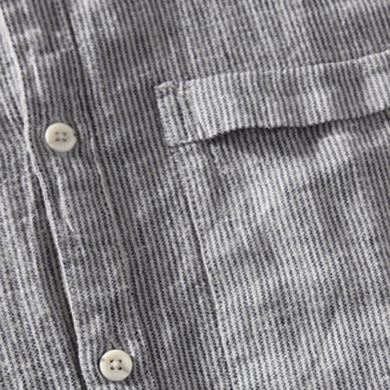 Buddha Stones Camicia da uomo estiva casual a maniche corte in lino a righe tinta unita con taschino applicato. - image 12