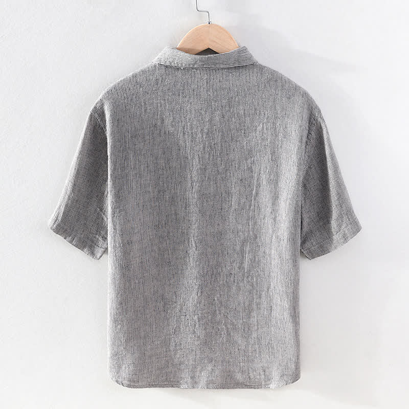 Buddha Stones Camicia da uomo estiva casual a maniche corte in lino a righe tinta unita con taschino applicato. - image 8
