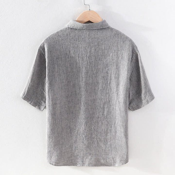 Buddha Stones Camicia da uomo estiva casual a maniche corte in lino a righe tinta unita con taschino applicato. - image 8