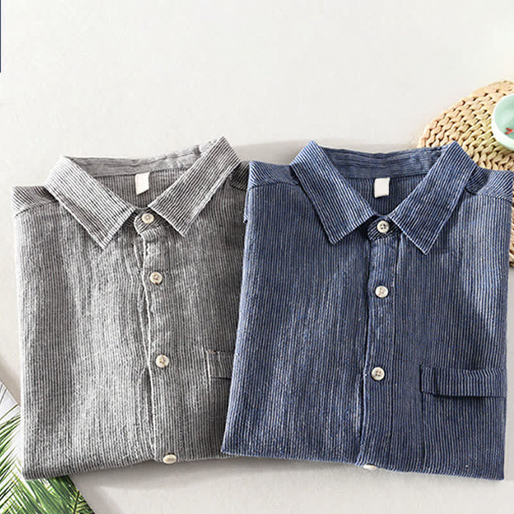 Buddha Stones Camicia da uomo estiva casual a maniche corte in lino a righe tinta unita con taschino applicato. - image 20