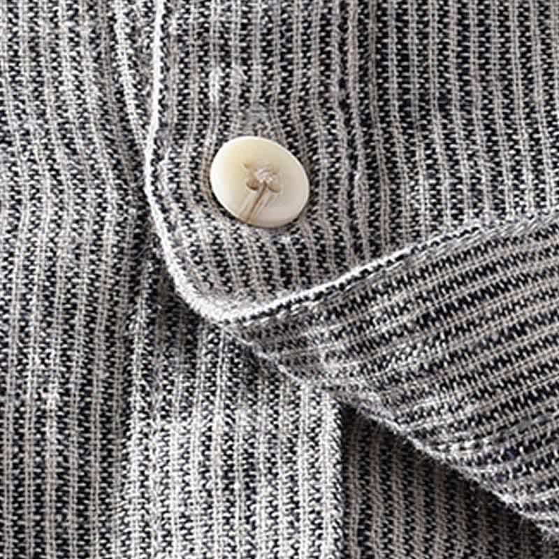 Buddha Stones Camicia da uomo estiva casual a maniche corte in lino a righe tinta unita con taschino applicato. - image 14