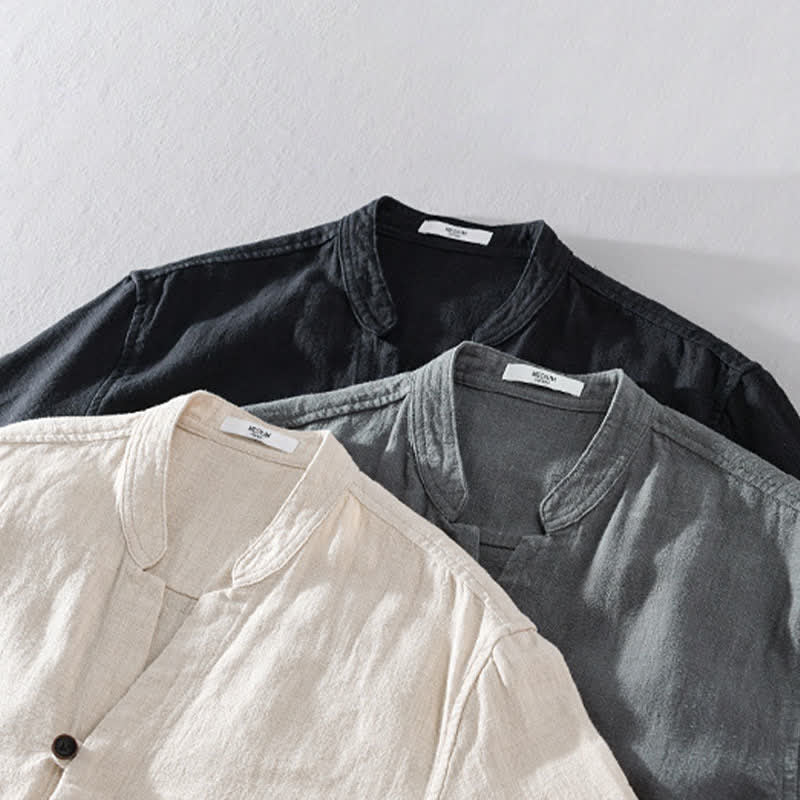Buddha Stones Camicia da uomo a maniche lunghe in ramia tinta unita, con colletto alla coreana e taschino, ideale per la primavera. - image 24