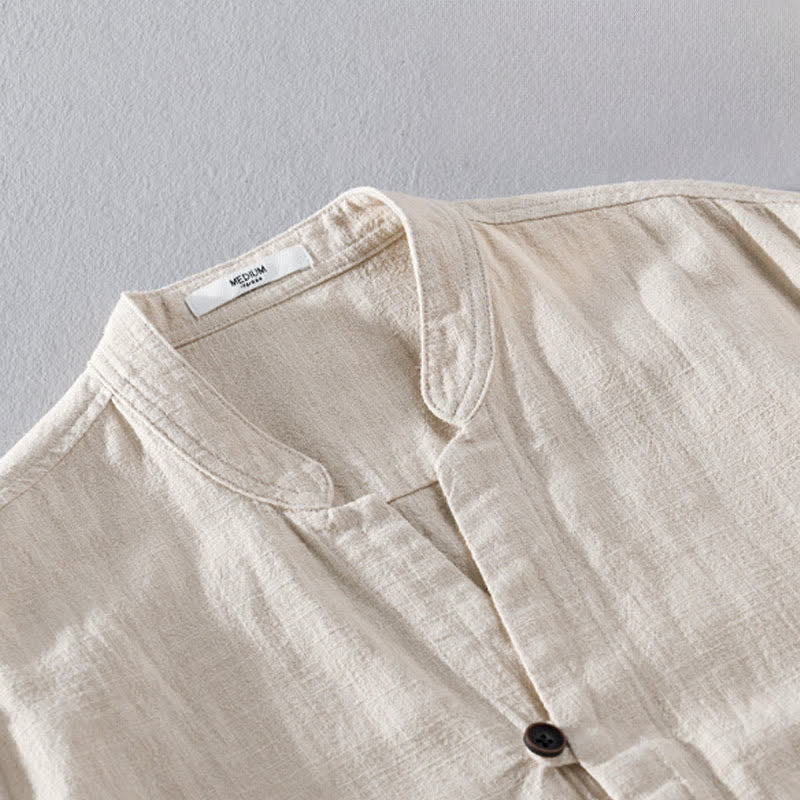 Buddha Stones Camicia da uomo a maniche lunghe in ramia tinta unita, con colletto alla coreana e taschino, ideale per la primavera. - image 3