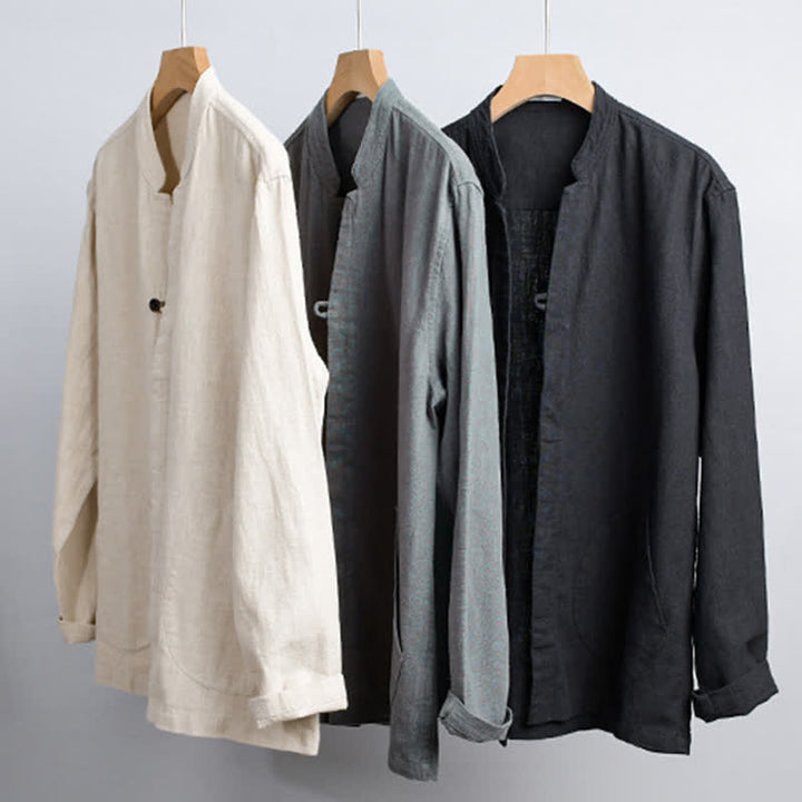 Buddha Stones Camicia da uomo a maniche lunghe in ramia tinta unita, con colletto alla coreana e taschino, ideale per la primavera. - image 21