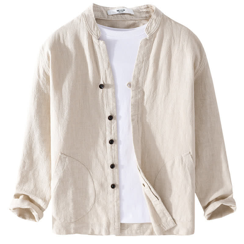 Buddha Stones Camicia da uomo a maniche lunghe in ramia tinta unita, con colletto alla coreana e taschino, ideale per la primavera. - image 1