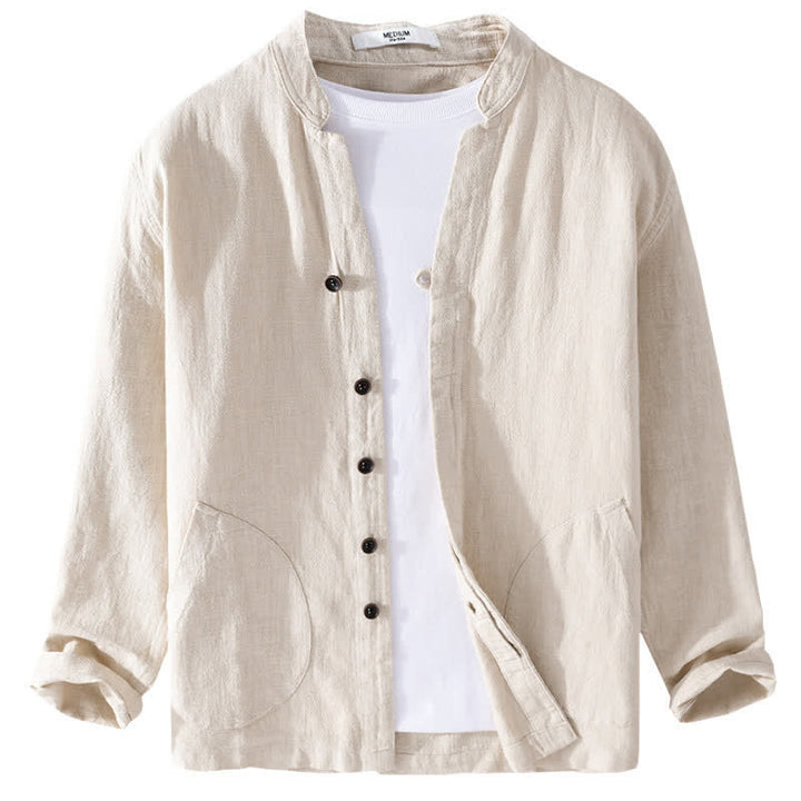 Buddha Stones Camicia da uomo a maniche lunghe in ramia tinta unita, con colletto alla coreana e taschino, ideale per la primavera. - image 1