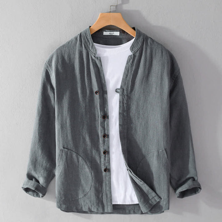 Buddha Stones Camicia da uomo a maniche lunghe in ramia tinta unita, con colletto alla coreana e taschino, ideale per la primavera. - Grigio tenue - US/UK/AU42, EU52 (3XL) - image 14