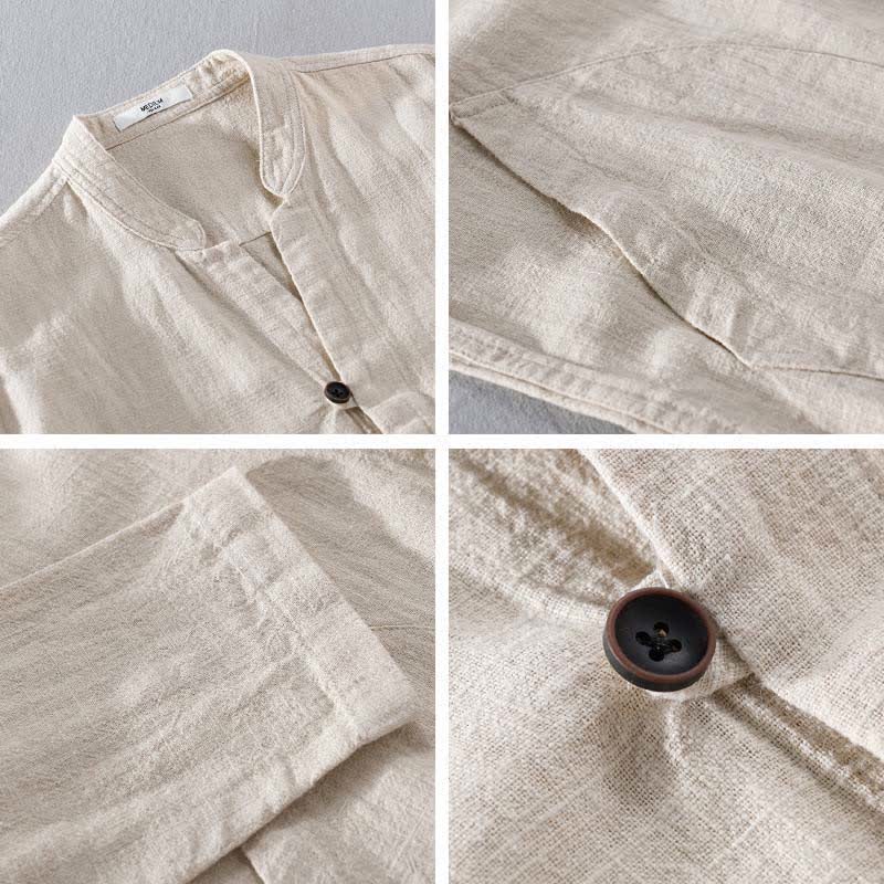 Buddha Stones Camicia da uomo a maniche lunghe in ramia tinta unita, con colletto alla coreana e taschino, ideale per la primavera. - image 2