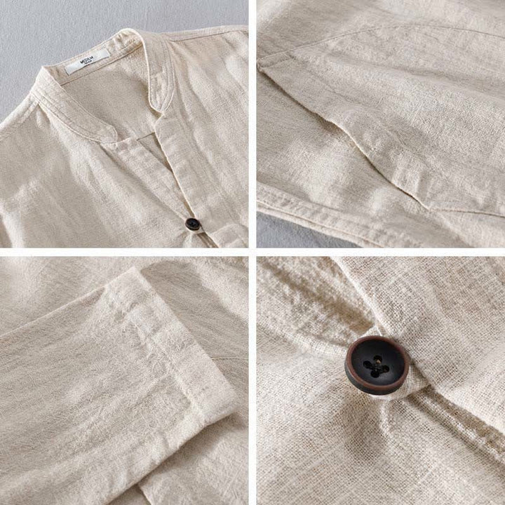 Buddha Stones Camicia da uomo a maniche lunghe in ramia tinta unita, con colletto alla coreana e taschino, ideale per la primavera. - image 2