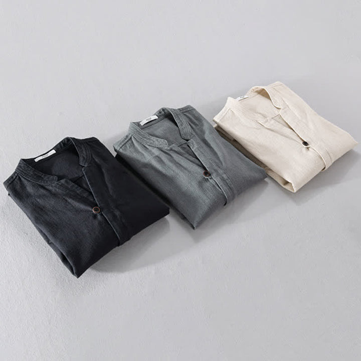 Buddha Stones Camicia da uomo a maniche lunghe in ramia tinta unita, con colletto alla coreana e taschino, ideale per la primavera. - image 23