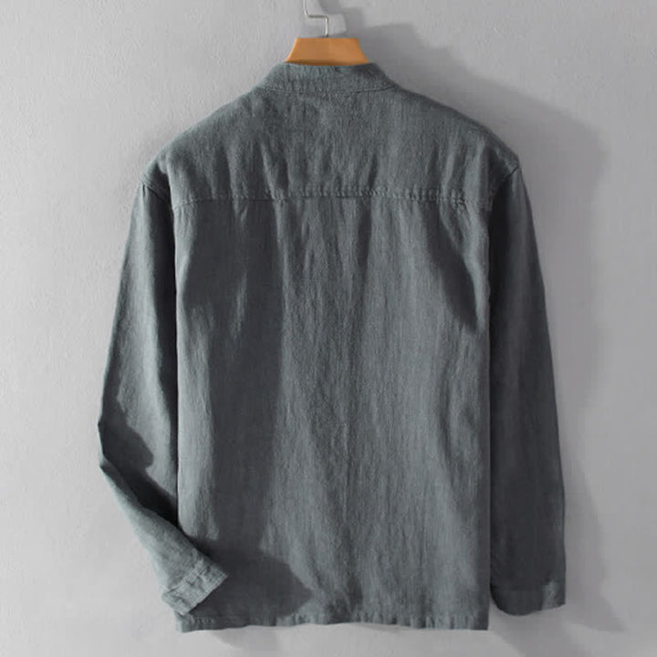 Buddha Stones Camicia da uomo a maniche lunghe in ramia tinta unita, con colletto alla coreana e taschino, ideale per la primavera. - image 15