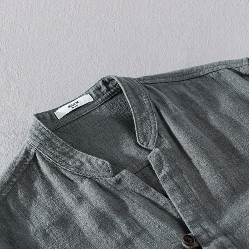 Buddha Stones Camicia da uomo a maniche lunghe in ramia tinta unita, con colletto alla coreana e taschino, ideale per la primavera. - image 16