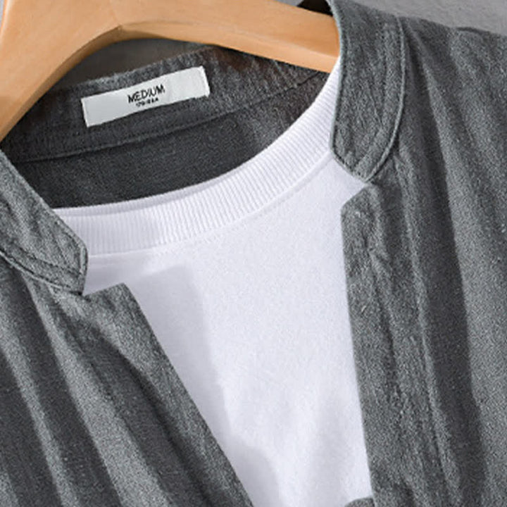 Buddha Stones Camicia da uomo a maniche lunghe in ramia tinta unita, con colletto alla coreana e taschino, ideale per la primavera. - image 17