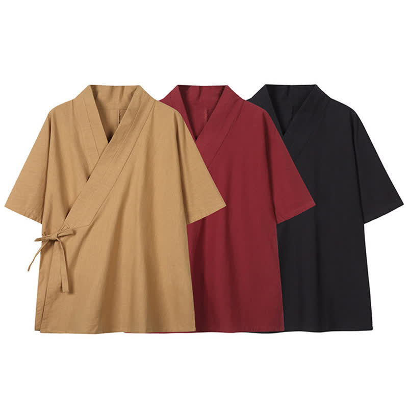 Buddha Stones Kimono da uomo minimalista con coulisse, tinta unita, in cotone e lino, per primavera/estate. - image 14