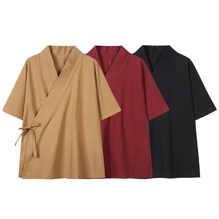 Buddha Stones Kimono da uomo minimalista con coulisse, tinta unita, in cotone e lino, per primavera/estate. - image 14