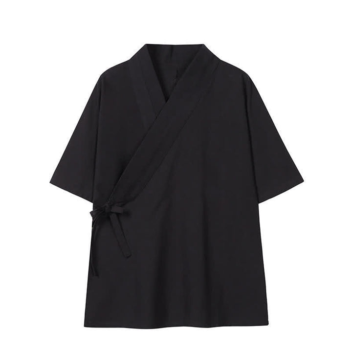 Buddha Stones Kimono da uomo minimalista con coulisse, tinta unita, in cotone e lino, per primavera/estate. - Nero - US/UK/AU46, EU56 (5XL) - image 10