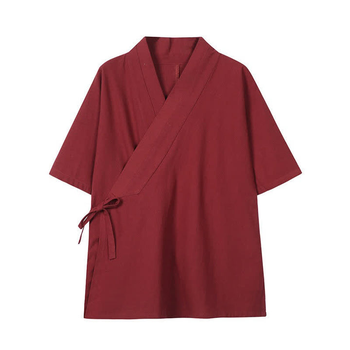 Buddha Stones Kimono da uomo minimalista con coulisse, tinta unita, in cotone e lino, per primavera/estate. - mattone refrattario - US/UK/AU46, EU56 (5XL) - image 0
