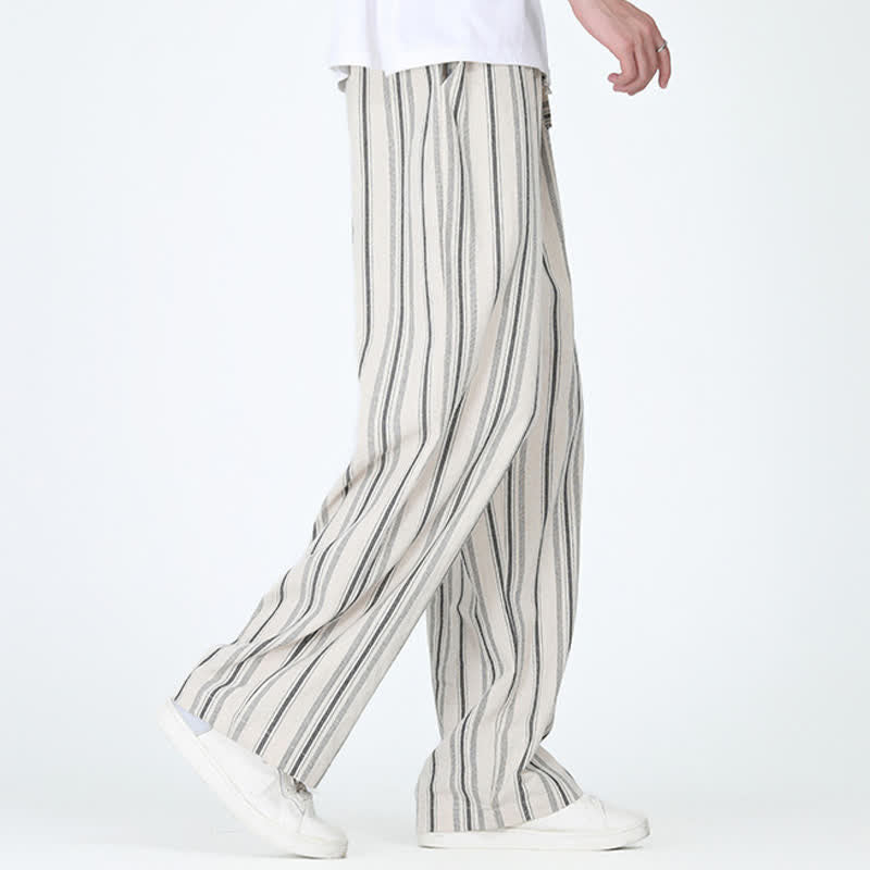 Buddha Stones Pantaloni da uomo a gamba dritta con coulisse, stile vintage, a righe verticali, per primavera/estate, casual, vintage, con tasca. - image 12