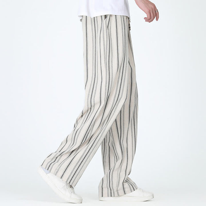 Buddha Stones Pantaloni da uomo a gamba dritta con coulisse, stile vintage, a righe verticali, per primavera/estate, casual, vintage, con tasca. - image 12