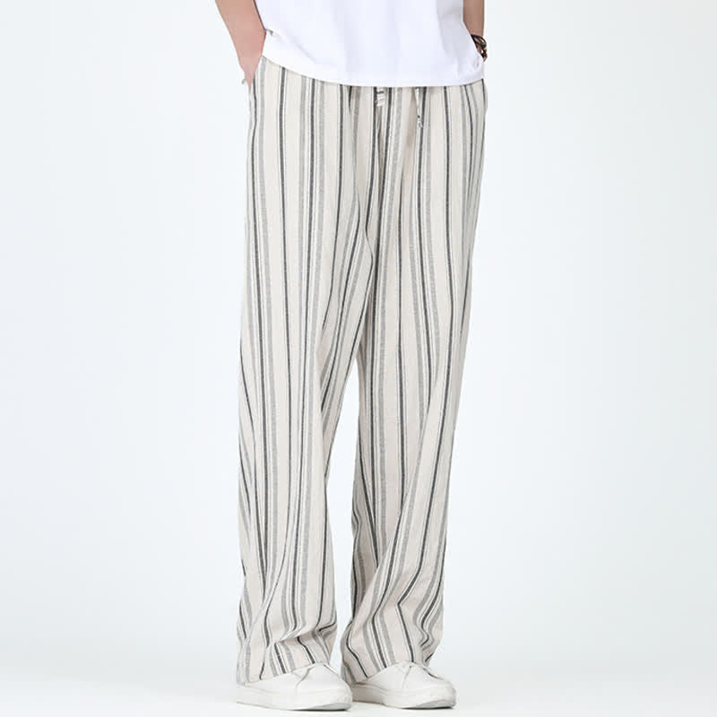 Buddha Stones Pantaloni da uomo a gamba dritta con coulisse, stile vintage, a righe verticali, per primavera/estate, casual, vintage, con tasca. - image 11