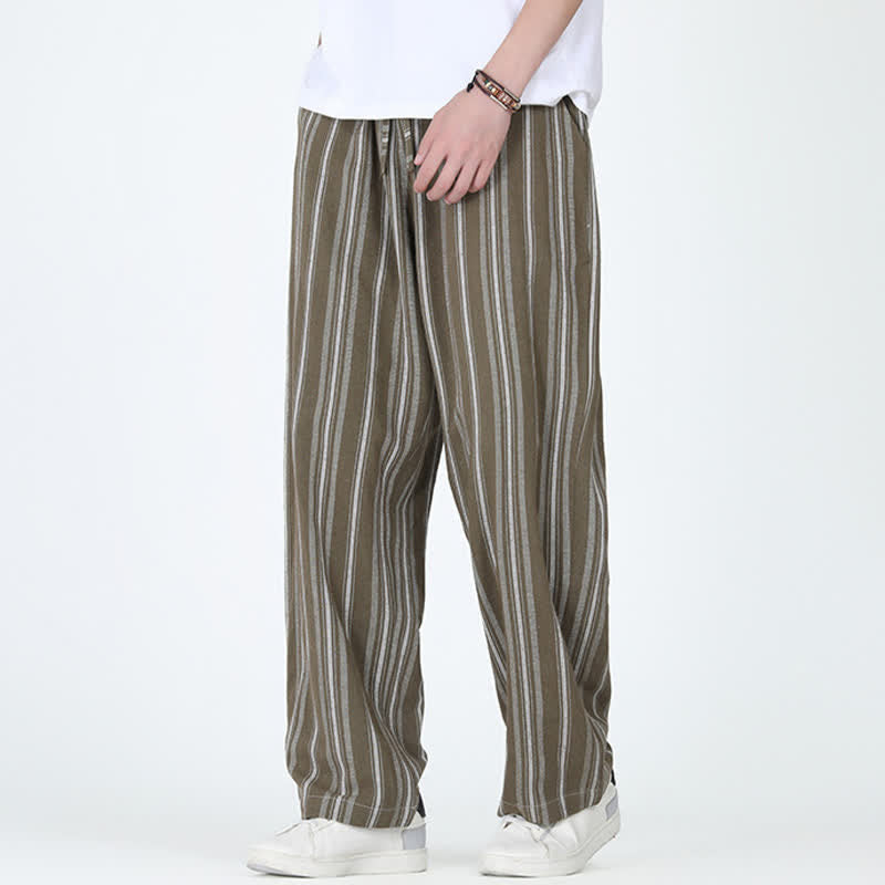 Buddha Stones Pantaloni da uomo a gamba dritta con coulisse, stile vintage, a righe verticali, per primavera/estate, casual, vintage, con tasca. - image 5