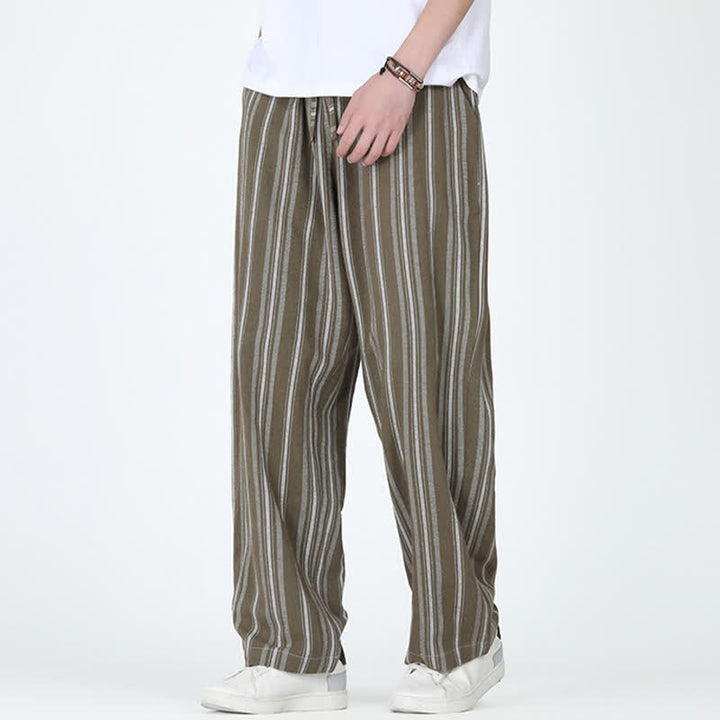 Buddha Stones Pantaloni da uomo a gamba dritta con coulisse, stile vintage, a righe verticali, per primavera/estate, casual, vintage, con tasca. - image 5