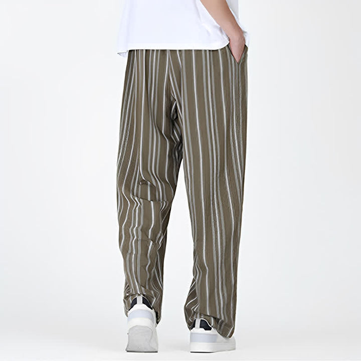 Buddha Stones Pantaloni da uomo a gamba dritta con coulisse, stile vintage, a righe verticali, per primavera/estate, casual, vintage, con tasca. - image 4
