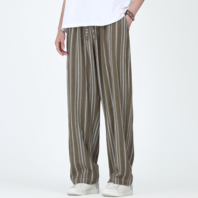 Buddha Stones Pantaloni da uomo a gamba dritta con coulisse, stile vintage, a righe verticali, per primavera/estate, casual, vintage, con tasca. - Verde oliva scuro - US/UK/AU46, EU56 (5XL) - image 0