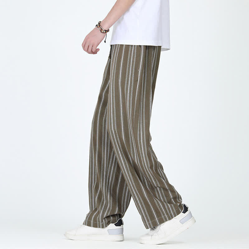 Buddha Stones Pantaloni da uomo a gamba dritta con coulisse, stile vintage, a righe verticali, per primavera/estate, casual, vintage, con tasca. - image 2