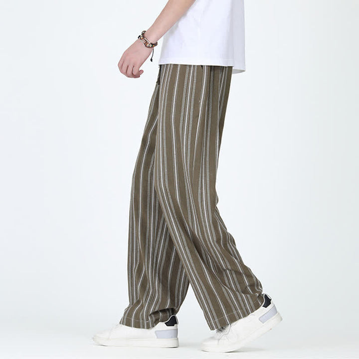 Buddha Stones Pantaloni da uomo a gamba dritta con coulisse, stile vintage, a righe verticali, per primavera/estate, casual, vintage, con tasca. - image 2
