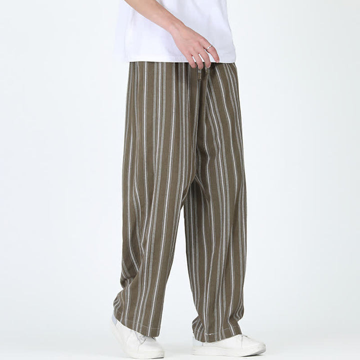 Buddha Stones Pantaloni da uomo a gamba dritta con coulisse, stile vintage, a righe verticali, per primavera/estate, casual, vintage, con tasca. - image 1