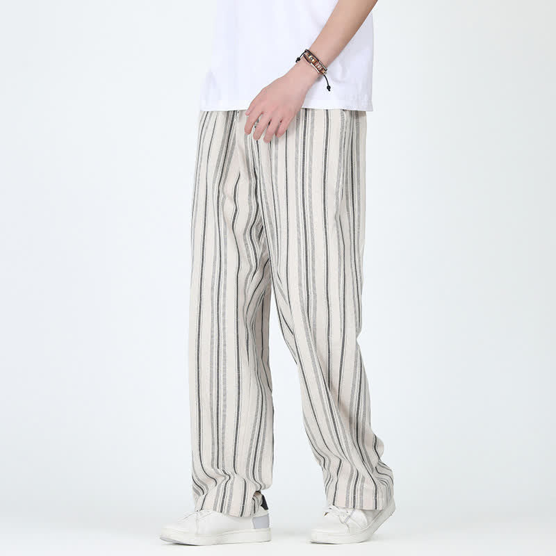 Buddha Stones Pantaloni da uomo a gamba dritta con coulisse, stile vintage, a righe verticali, per primavera/estate, casual, vintage, con tasca. - image 14
